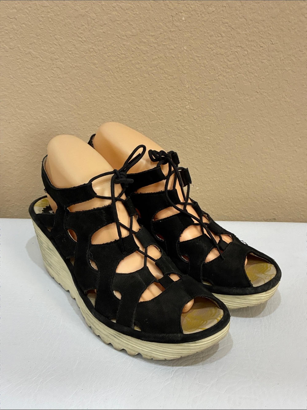 Fly London Black Lace-Up Cutout Wedge Sandals with Cream Platform